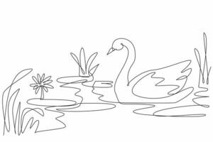 Single continuous line drawing a swan is gracefully swimming in a wetland. The beauty and elegance of nature. Combining to create tranquility. World Wetlands Day. One line design illustration vector