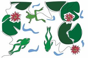 Single continuous line drawing a wetland scene features aquatic creatures like frog. The biodiversity and beauty of wetlands. A quiet twilight. World Wetlands Day. One line design illustration vector