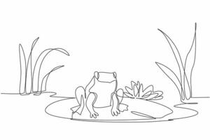 Single one line drawing a frog sitting on a lily pad in a wetland. Ecological balance as well as the beauty of nature. Biodiversity. World Wetlands Day. Continuous line design graphic illustration vector
