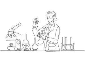 Single continuous line drawing a female scientist is conducting experiments in a laboratory. Holds a test tube and flask. Passion for science. Scientific discovery. One line design illustration vector
