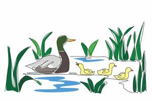Single one line drawing a duckling family enjoying a peaceful day in a wetland. The importance of preserving vital ecosystems. Balance. World Wetlands Day. Continuous line design graphic illustration vector