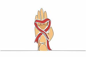 Single one line drawing a hand holding a ribbon that forms a heart shape. Symbolizes support, awareness, and unity for a cause. National Wear Red Day. Continuous line design graphic illustration vector