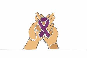 Single one line drawing ribbons form the cancer campaign symbol on both palms. Sign. Symbol requires more attention. Avoid cancer. Aware. World Cancer Day. Continuous line design graphic illustration vector