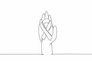 Single one line drawing one open palm has a ribbon forming cancer symbol. Symbol for helping each other. Positive activities for charity. World Cancer Day. Continuous line design graphic illustration vector