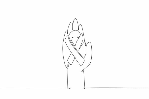 Single one line drawing one open palm has a ribbon forming cancer symbol. Symbol for helping each other. Positive activities for charity. World Cancer Day. Continuous line design graphic illustration