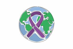 Continuous one line drawing ribbon forming cancer campaign symbol with a globe background. Cancer exists. Prevent early. Make world aware. World Cancer Day. Single line draw design illustration vector