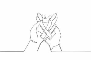 Single one line drawing ribbons form the cancer campaign symbol on both palms. Sign. Symbol requires more attention. Avoid cancer. Aware. World Cancer Day. Continuous line design graphic illustration vector