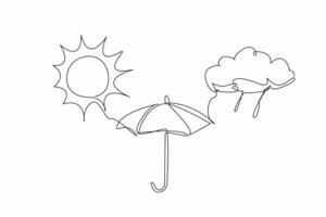 Continuous one line drawing weather icon. Sunshine, light rain. Weather conditions unpredictable. Always have umbrella ready. National Weatherperson's Day. Single line draw design illustration vector