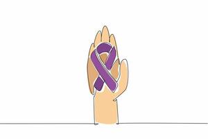 Single one line drawing one open palm has a ribbon forming cancer symbol. Symbol for helping each other. Positive activities for charity. World Cancer Day. Continuous line design graphic illustration vector