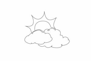 Single continuous line drawing the sun is covered by clouds. The weather quite sunny all day. Use sunscreen to protect from sunburn. National Weatherperson's Day. One line design illustration vector