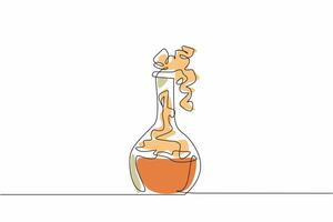 One single line drawing of erlenmeyer flask with concoct medicine formula liquid. National Pharmacist Day. Laboratory experiment to create new vaccine to cure pandemic disease. New vaccine invention vector