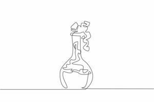 One single line drawing of erlenmeyer flask with concoct medicine formula liquid. National Pharmacist Day. Laboratory experiment to create new vaccine to cure pandemic disease. New vaccine invention vector