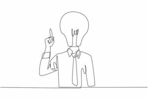 Single continuous line drawing of business man with bulb lamp head pointing finger into the open space. World Logic Day. Critical creative thinking. Template for poster, banner about big idea concept vector