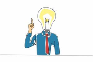 Single continuous line drawing of business man with bulb lamp head pointing finger into the open space. World Logic Day. Critical creative thinking. Template for poster, banner about big idea concept vector
