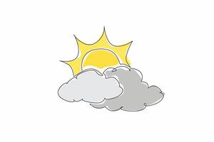 Single continuous line drawing the sun is covered by clouds. The weather quite sunny all day. Use sunscreen to protect from sunburn. National Weatherperson's Day. One line design illustration vector