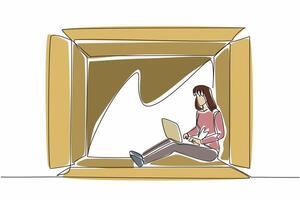 World Introvert Day. One continuous line drawing of young beautiful woman working, typing on laptop and sitting inside paper box. Lonely mental health problem. Single line art illustration vector