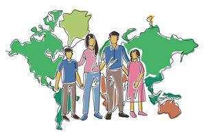 Global Family Day. Continuous line drawing of happy family standing with big world map on the wall behind as background. Mom, dad, boy and girl. art illustration graphic design vector