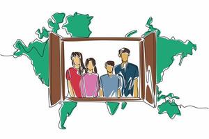 Single continuous line drawing of young happy family inside the open window with world map as a background. Global Family Day. Annual event to celebrate. Poster, banner, flyer, greeting card design vector