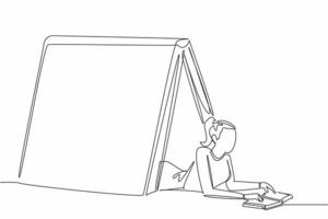 World Introvert Day. Continuous one line drawing of beauty young woman reading a book. lying down under big book. Book camp concept for shy people. Annual event. Single line illustration vector