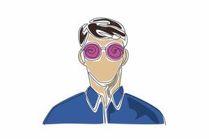 World Hypnotism Day. One single line drawing of young handsome man wearing hypnotizing glasses. Technique through which one can affected an access subconscious mind to change behavior. vector