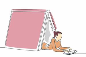 World Introvert Day. Continuous one line drawing of beauty young woman reading a book. lying down under big book. Book camp concept for shy people. Annual event. Single line illustration vector