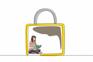 Single one line of young lonely woman reading a biographical book inside of padlock. Sitting on floor. Feel insecure being outside of locked privacy room World Introvert Day. Mental health issue vector