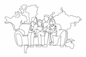 One single line drawing of mother, father, son and daughter sitting on modern sofa and talking together with big world map on the wall behind as background. Family time. Global Family Day vector