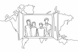 Single continuous line drawing of young happy family inside the open window with world map as a background. Global Family Day. Annual event to celebrate. Poster, banner, flyer, greeting card design vector