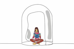 One single line drawing of young solitude woman siting on the floor while reading history book inside glass dome. Happy being lonely. Psychological character. World Introvert Day. Event celebration vector