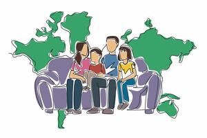 One single line drawing of mother, father, son and daughter sitting on modern sofa and talking together with big world map on the wall behind as background. Family time. Global Family Day vector