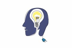 World Logic Day. Single one line drawing of human head made of wire cable with bulb lamp inside. Creative idea conceptual. New invention that com from critical thinking. Continuous line draw design vector