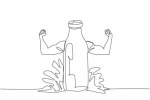 National Milk Day. One single line drawing of milk splash above bottle milk with strong muscular fist rising arms. Healthy and nutritious drink help to build your body. Continuous line art drawing vector