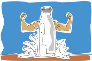 National Milk Day. One single line drawing of milk splash above bottle milk with strong muscular fist rising arms. Healthy and nutritious drink help to build your body. Continuous line art drawing vector