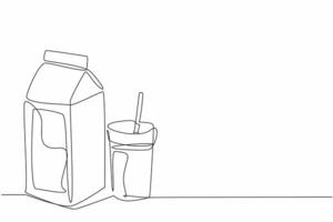 National Milk Day. One single line drawing of almond milk with paper box packaging and glass with straw beside it. Healthy fresh dairy beverage conceptual. Daily health drink. Continuous line draw art vector
