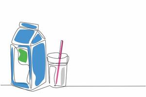 National Milk Day. One single line drawing of almond milk with paper box packaging and glass with straw beside it. Healthy fresh dairy beverage conceptual. Daily health drink. Continuous line draw art vector