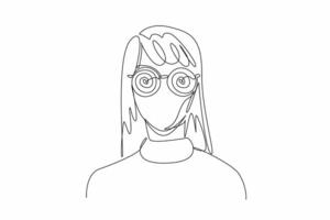 Single continuous line drawing of young beauty woman wearing fancy hypnotizing glasses. World Hypnotism Day. Method to solve problems, help in ending addiction, overcome fear, achieve goal vector