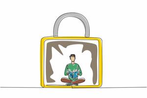 International World Introvert Day. One continuous line drawing of young solitude man sitting on the floor and reading a novel book inside secure padlock. Comfort zone concept. Psychological problem vector