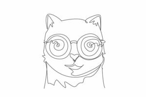 One continuous line drawing of cute cat wearing hypnotism glasses. Adorable feline pet trying to hypnotizing people. World hypnotism day. World annual event, celebrating. Single line draw art vector
