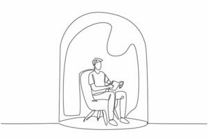 World Introvert Day. Continuous single line draw of young lonely man reading book while sitting on sofa chair inside glass dome. Loneliness guy looking for peace. Psychological problems, mental health vector