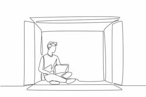 Single continuous line drawing of young man writing on laptop, inside big paper carton box. Work from home concept. Mental health issue. World Introvert Day. Frightened guy being outside box, social vector