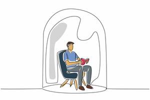 World Introvert Day. Continuous single line draw of young lonely man reading book while sitting on sofa chair inside glass dome. Loneliness guy looking for peace. Psychological problems, mental health vector
