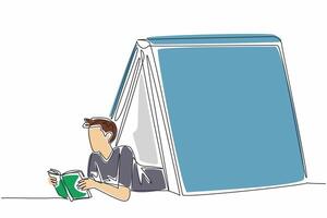 One single line draw of young man lying on floor while reading a storybook under a giant book like a tent. Private comfort zone area. World Introvert Day event. Continuous line art illustration vector
