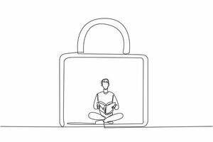 International World Introvert Day. One continuous line drawing of young solitude man sitting on the floor and reading a novel book inside secure padlock. Comfort zone concept. Psychological problem vector