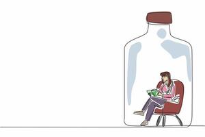 One single line draw young beauty woman sit on comfy sofa seat, reading a novel book inside of big glass bottle. Alone but not lonely concept. World Introvert Day. World event. Psychological problem vector