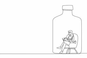 One single line draw young beauty woman sit on comfy sofa seat, reading a novel book inside of big glass bottle. Alone but not lonely concept. World Introvert Day. World event. Psychological problem vector