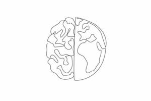 World Logic Day. One continuous line drawing of half part of world map globe and half part of human brain. Creative critical thinking to save the earth from destruction concept. graphic art vector