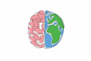 World Logic Day. One continuous line drawing of half part of world map globe and half part of human brain. Creative critical thinking to save the earth from destruction concept. graphic art vector