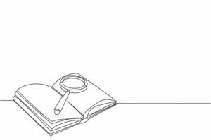Happy National Thesaurus Day. One continuous line drawing of opened book full of important information with magnifying glass laying above it. College lesson textbook concept. Single line draw design vector