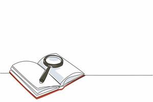 Happy National Thesaurus Day. One continuous line drawing of opened book full of important information with magnifying glass laying above it. College lesson textbook concept. Single line draw design vector