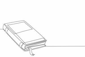 National Thesaurus Day. Single continuous line drawing of thick fairytale story book with a ribbon bookmark. Legendary folklore story concept. One line draw graphic design art illustration vector